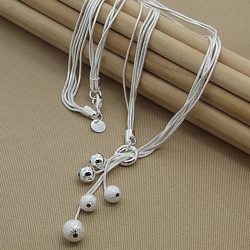 

925 Sterling Silver Five Snake Chain Frosted Smooth Bead Ball Necklace For Women Wedding Engagement Fashion Jewelry