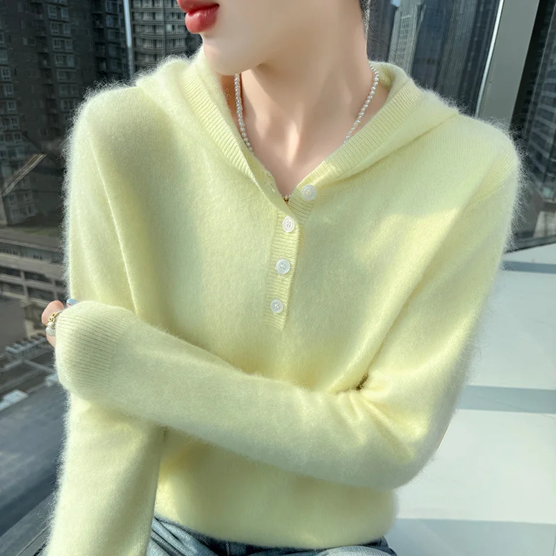 

Autumn and winter women's pullover hooded sweater fashionable and versatile knitted long sleeved new women's 100% mink cashmere