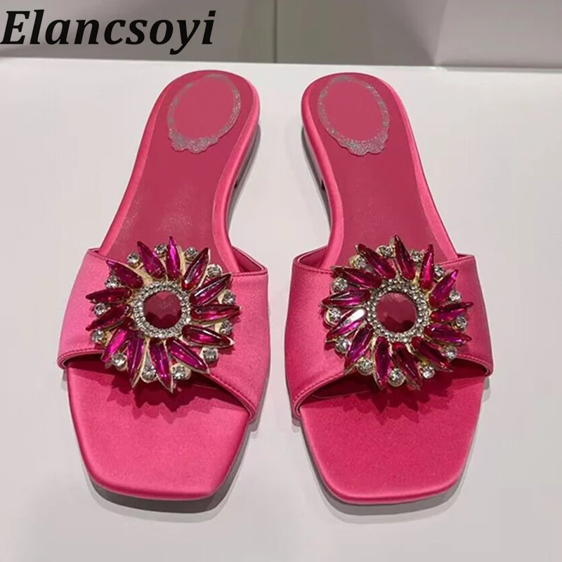 

Satin Bling Bling Crystal Flower Decorative Slippers Women Flat Bottomed Solid Color Slides Summer Outdoor Vacation Beach Shoes