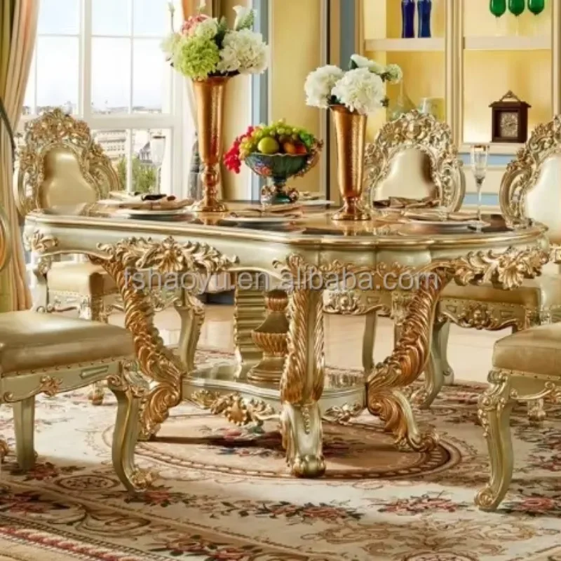 European Classic Dining Table and Chair Set Luxury Rectangle Champagne Gold Solid Wood Royal Long Dinner Tables With Chairs