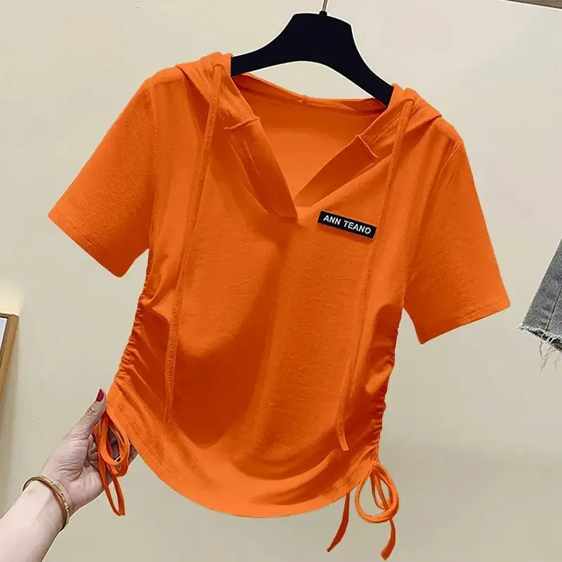 Fashion Hooded Spliced Letter Lace Up Bow Shirring Blouse Women's Clothing 2023 Summer New Oversized Casual Tops Sweet Shirt