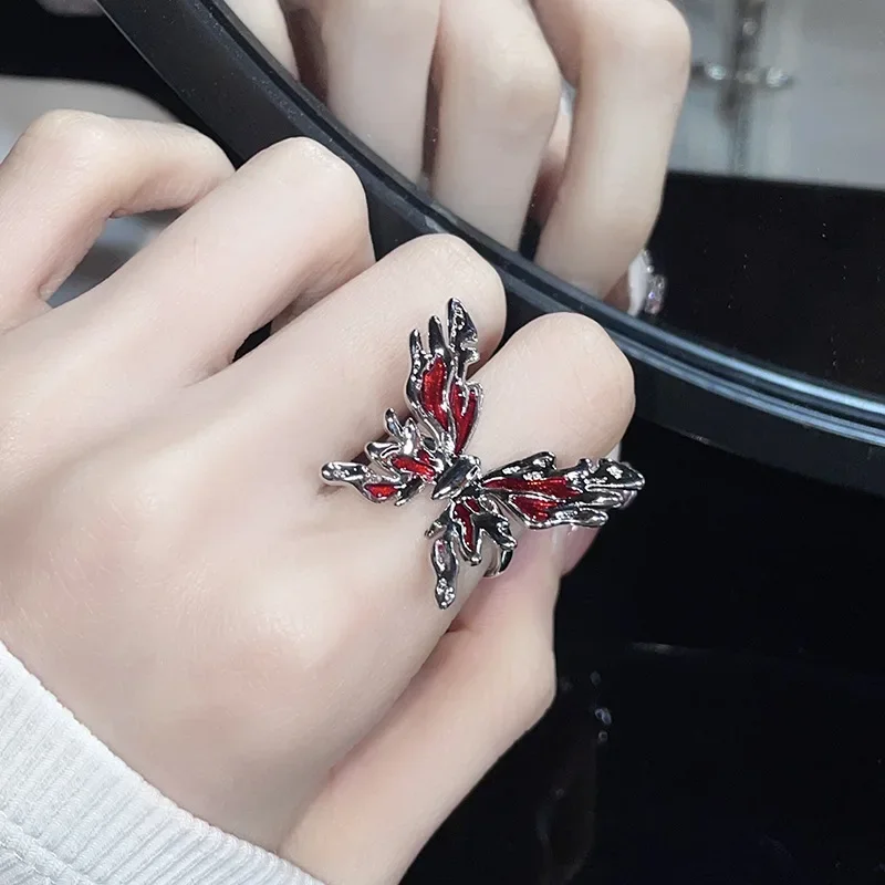 Personality Red Enamel Butterfly Opening Rings for Women Punk Style Charm Stainless Steel Finger Ring Hip Hop Jewelry Y2K Gift