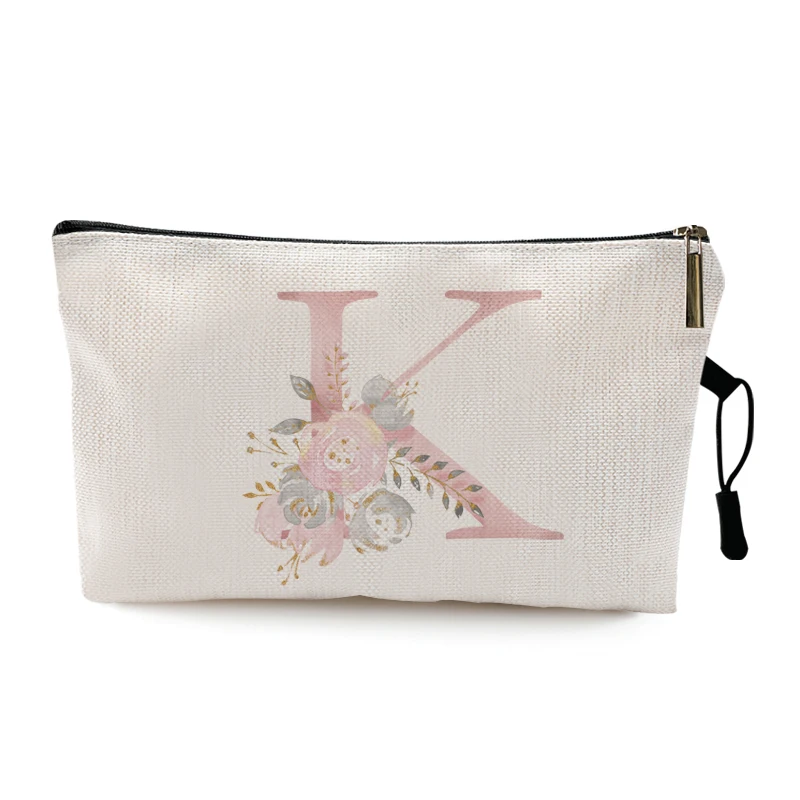 Personal Custom Pouch Pink Rose Floral 26 Capital Letter Print  Makeup Bag  Cosmetic Bag Creative Gift