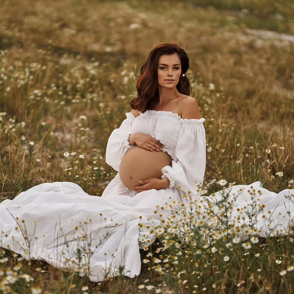 Maternity Gown For Photo Shoot Comfortable Vintage Linen Cotton Boho Style Dress Bohemian Photo Shooting Pregnancy Dress