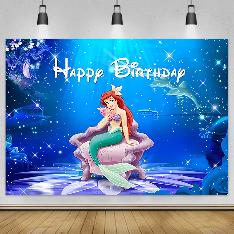 Disney Mermaid Background Baby Girl Birthday Party Decoration Supplies Baby Shower Undersea Photo Poster Photo Studio