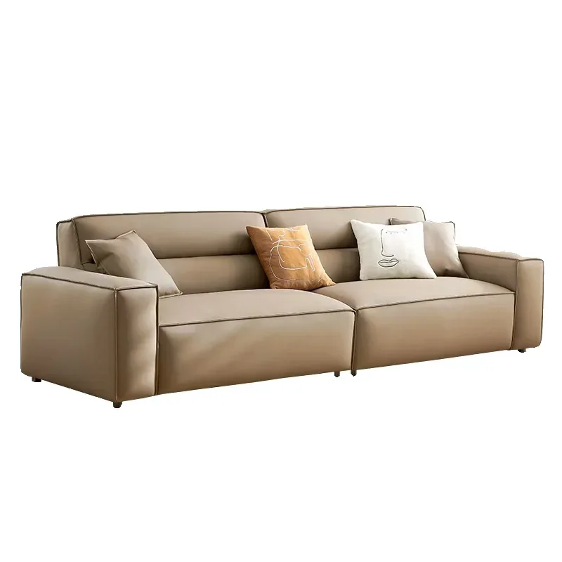 

High tofu block sofa first layer cowhide living room small apartment straight row three-person Italian minimalist leather sofa