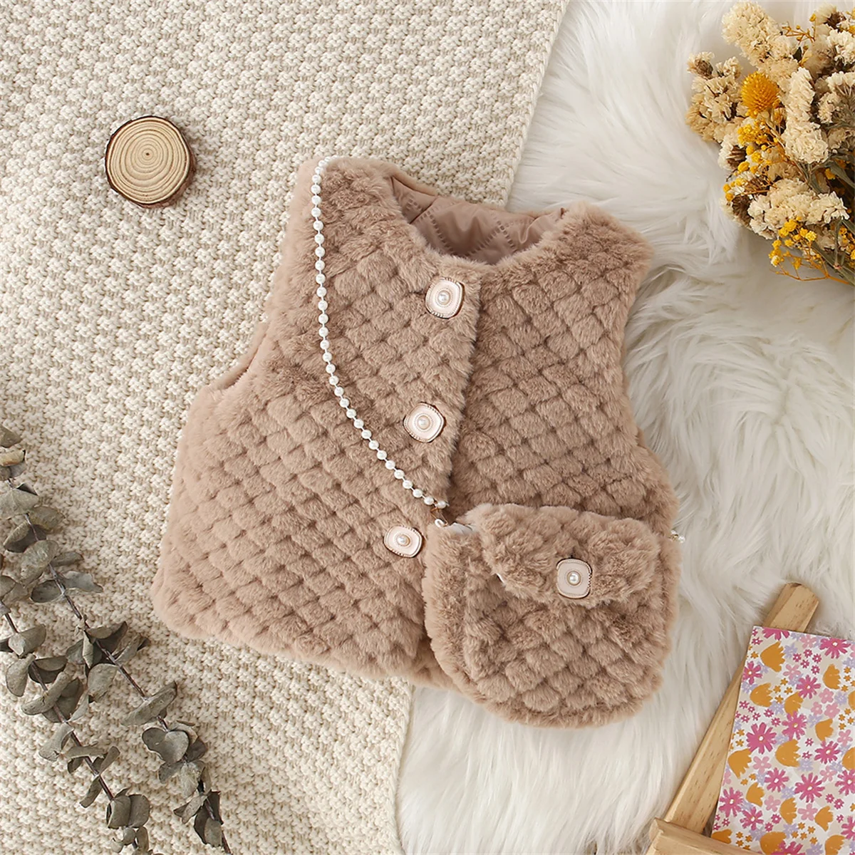 2-Piece Baby Girl Artificial Fur Vest+Bag Baby Warm Coat Girl Solid Sweet Sleeveless Vest Children\'S Clothing