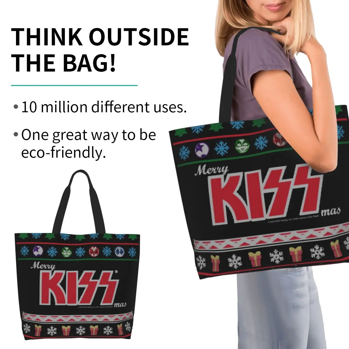 KISS The Band Merry KissMas Shopping Tote Bag Canvas Large Capacity Shoulder Bags Shopper Grocery Handbag for Women