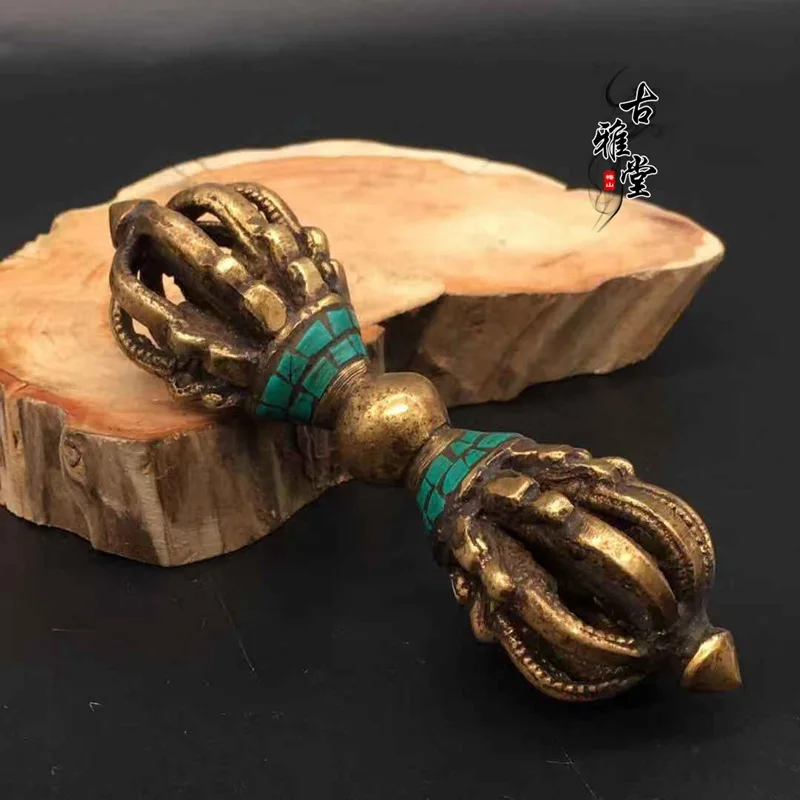 Tibetan Buddhism Bronze Turquoise Buddhist Ritual Tool Hand Vajra Dorje statue