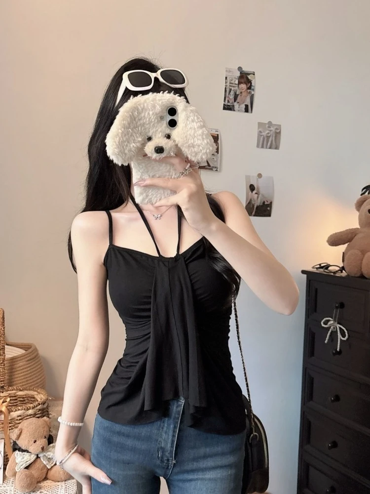 Sexy Halter Cami Top with Ruching Detail Tummy Control Asymmetric Hem for Women Slim Fit Summer Vacation Outfit