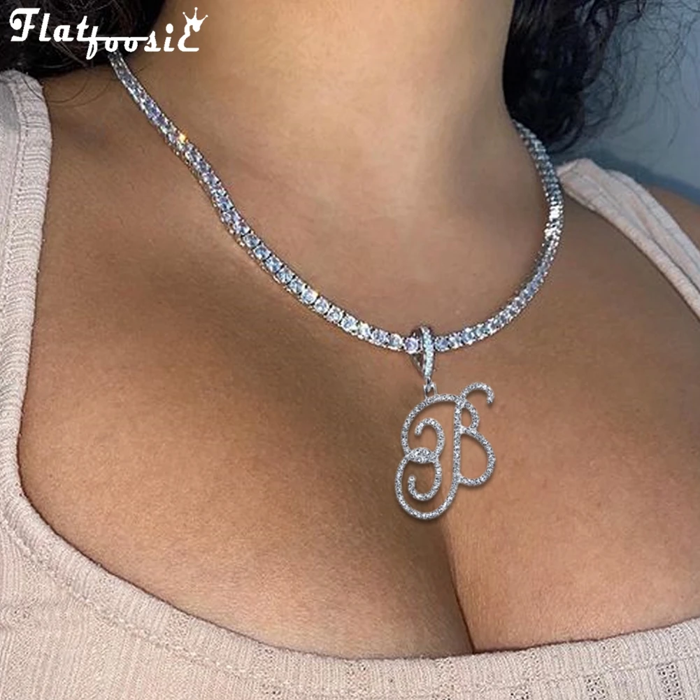 Flatfoosie Fashion A-Z Cursive Letter Crystal Chain Necklace For Women Bling Iced Out Initial Pendant Necklace Hip Hop Jewelry