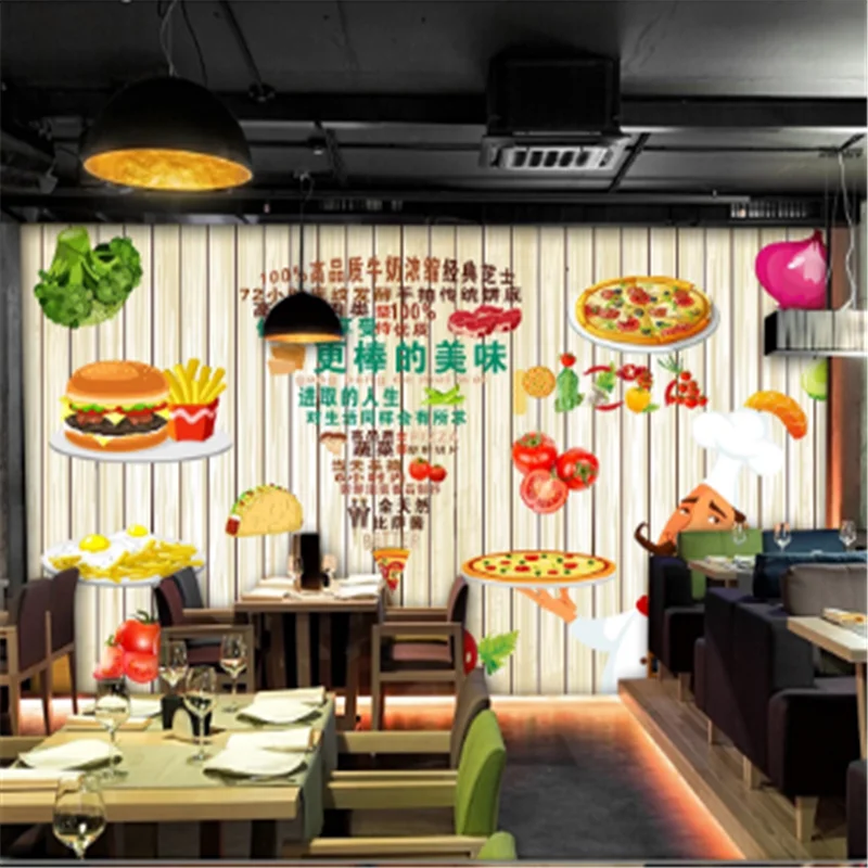 Burgers Pizza Restaurant Industrial Decor Wooden Wall Background Mural Wallpaper 3D Western Fast Food Snack Bar Wall Paper 3d