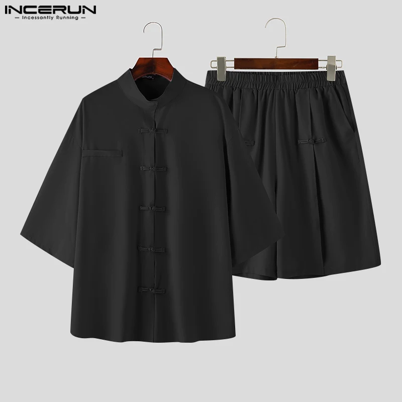 INCERUN Men Sets Solid Color Vintage Half Sleeve Shirt & Shorts Two Pieces Sets Streetwear 2024 Loose Summer Men\'s Casual Suits