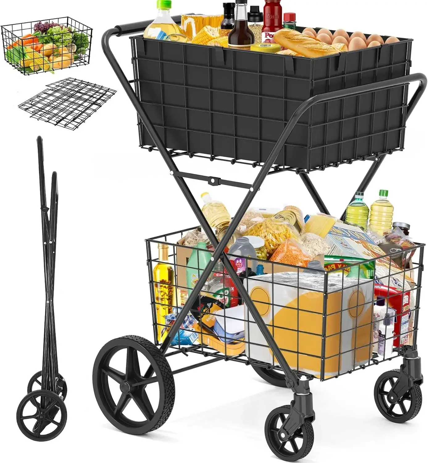 Shopping Cart for Groceries, 400Lbs Grocery Cart with 2 Removable Storage Baskets, 360° Rolling Swivel Wheels, Waterproof Liner,