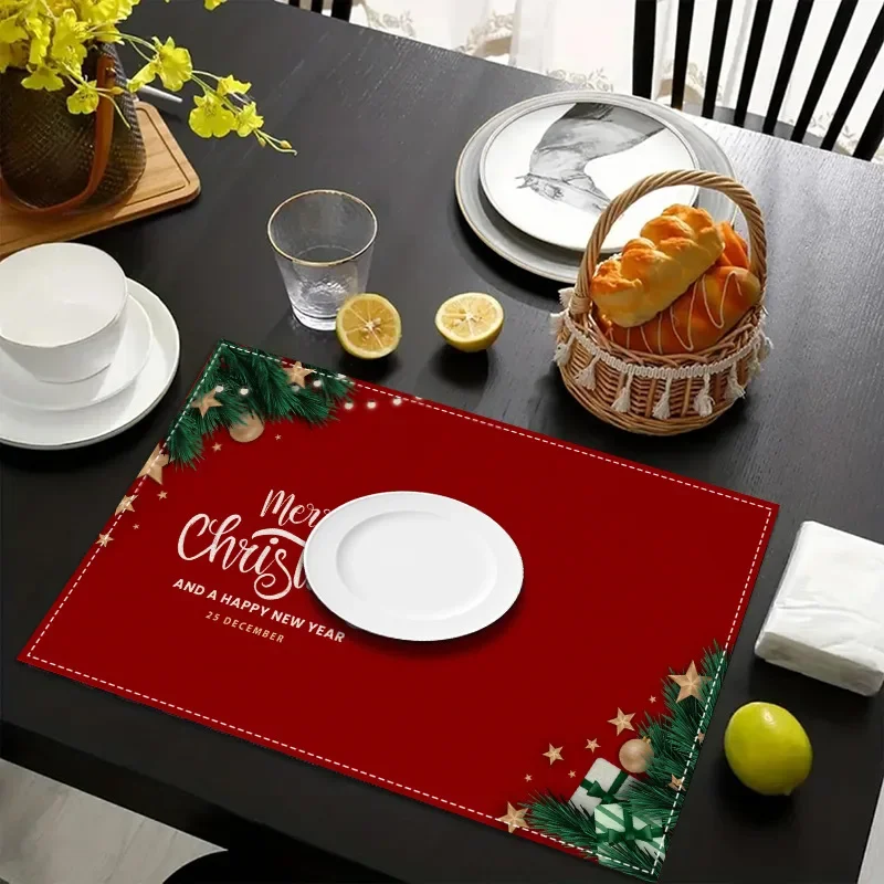 Luxury Christmas Print Placemats Linen Non Slip Heat Resistant Table Mats for Party Kitchen Wedding Dining Decoration