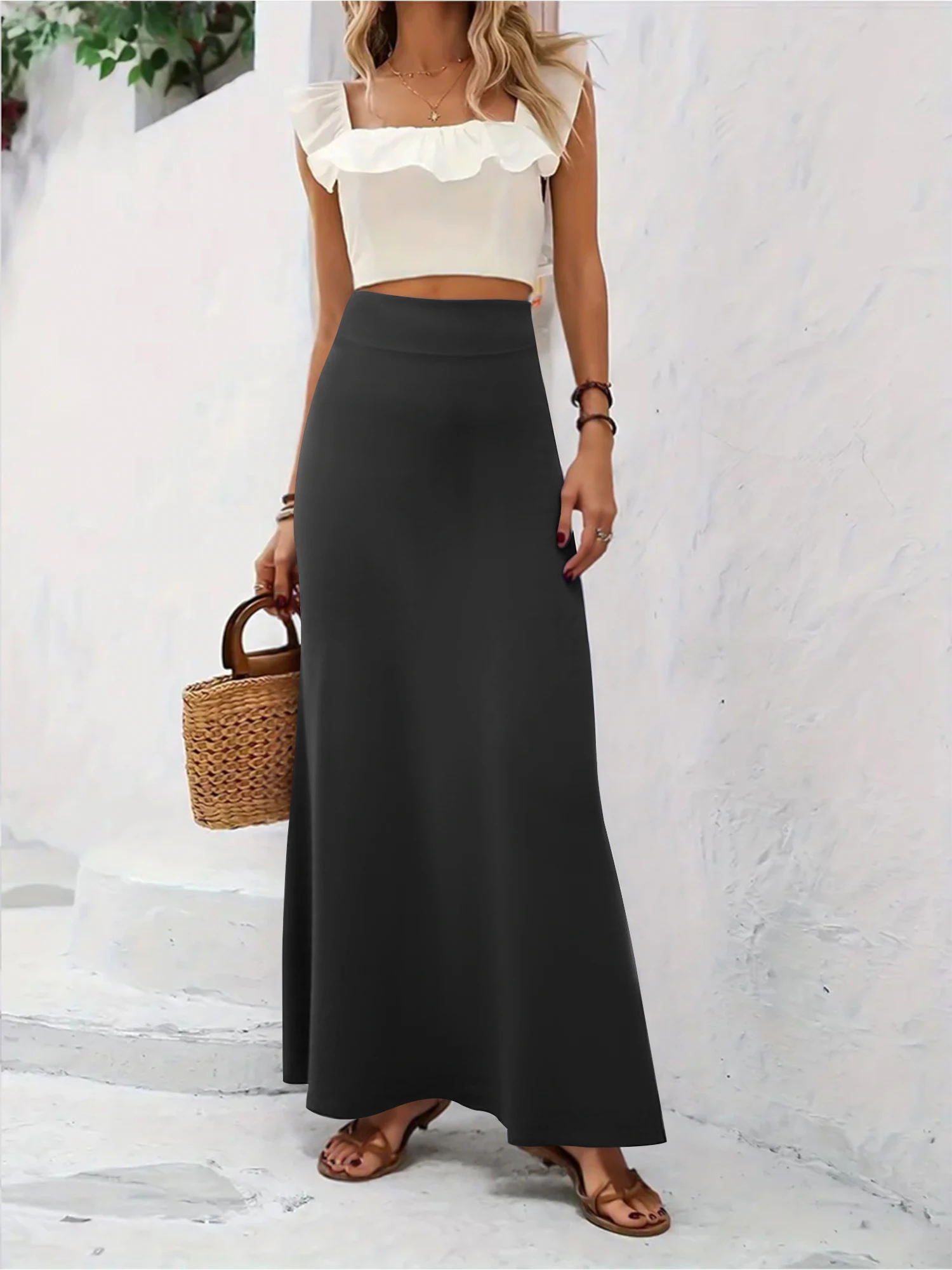 90s Vintage Fold Waist Maxi Skirt, Matte Smooth Fabric, Retro Downtown Streetwear, Fashion Street Shots & Record Store Visits