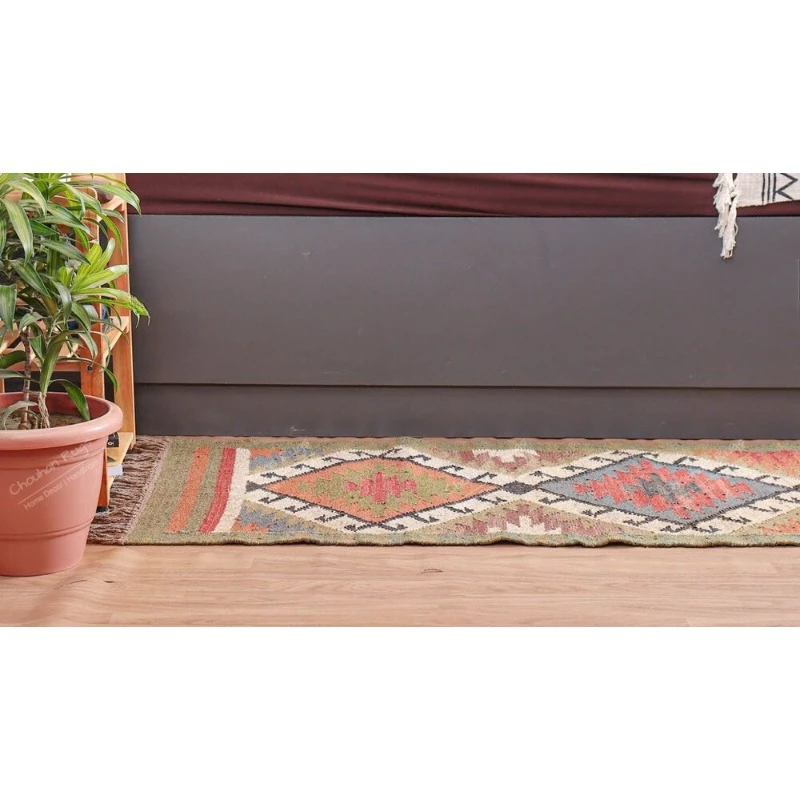 Natural Indian Village Traditional Art Runner Rug Indian Dhurrie Indoor Outdoor