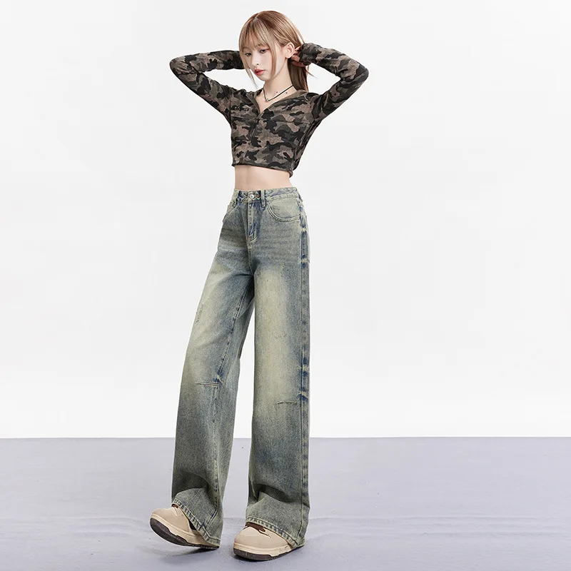 Popular Retro Girl Pleated Design Vintage Denim Pants American Style Worn Loose Wide Legs Slim Hanging Straight Leg Pants Women