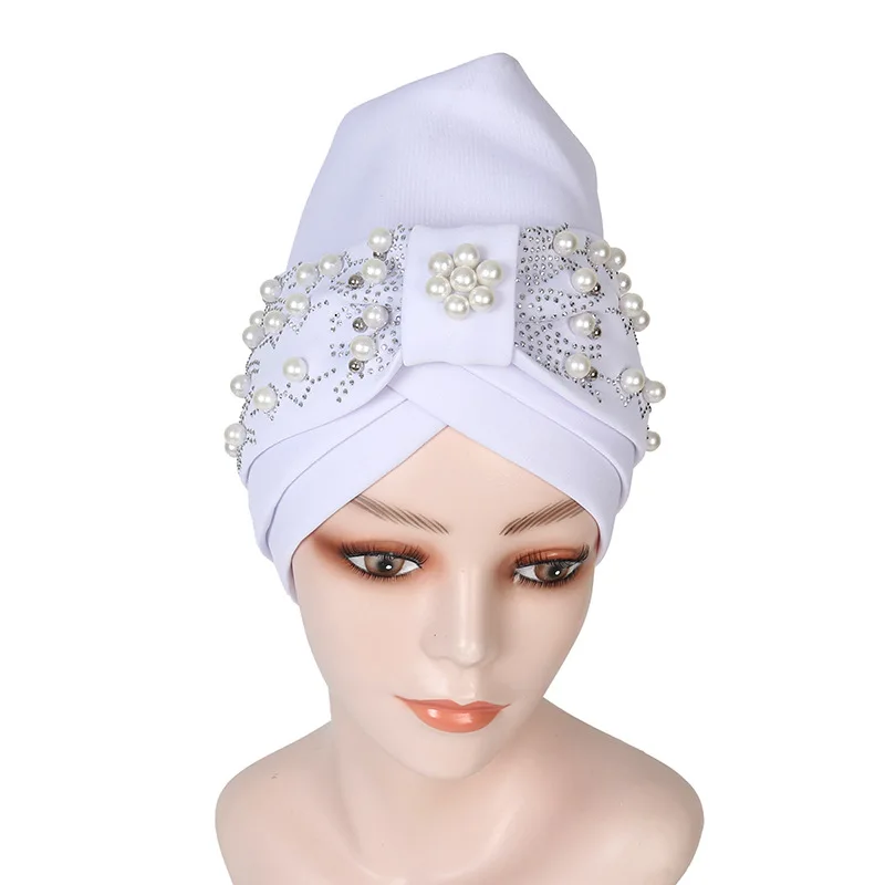 Pearls Beading African Turban Cap Auto Gele Headtie Nigerian Wedding Geles Female Head Wraps Muslim Headscarf Hijab Bonnet