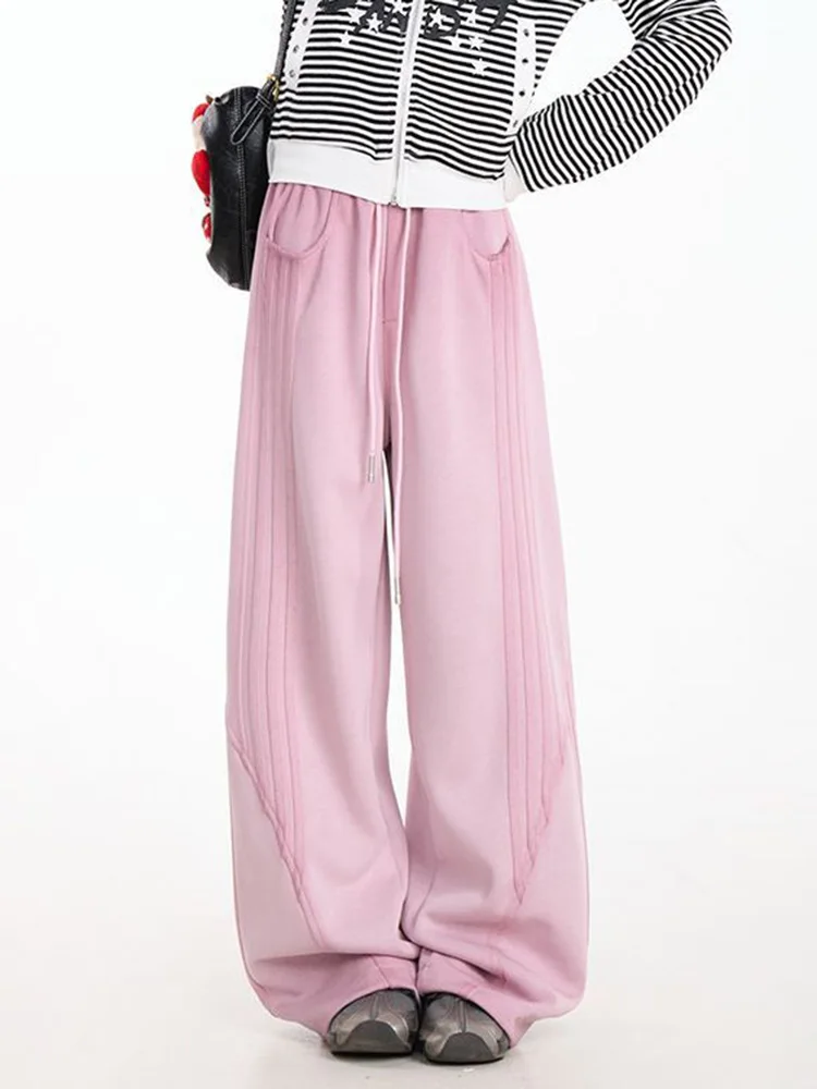 Retro American Pink Sweatpants Women High Waist Vintage Preppy Style Pants Loose Casual Female Lace Up Retro All Match Trousers