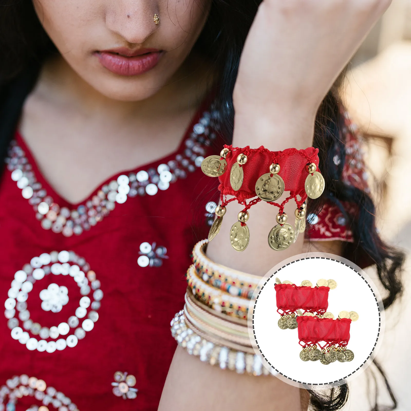 Pair Belly Dance Wrist Band Red Chiffon Bracelet Coin Wrist Cuff Long-Lasting Jewelry Decoration for Belly Dancers and Drama