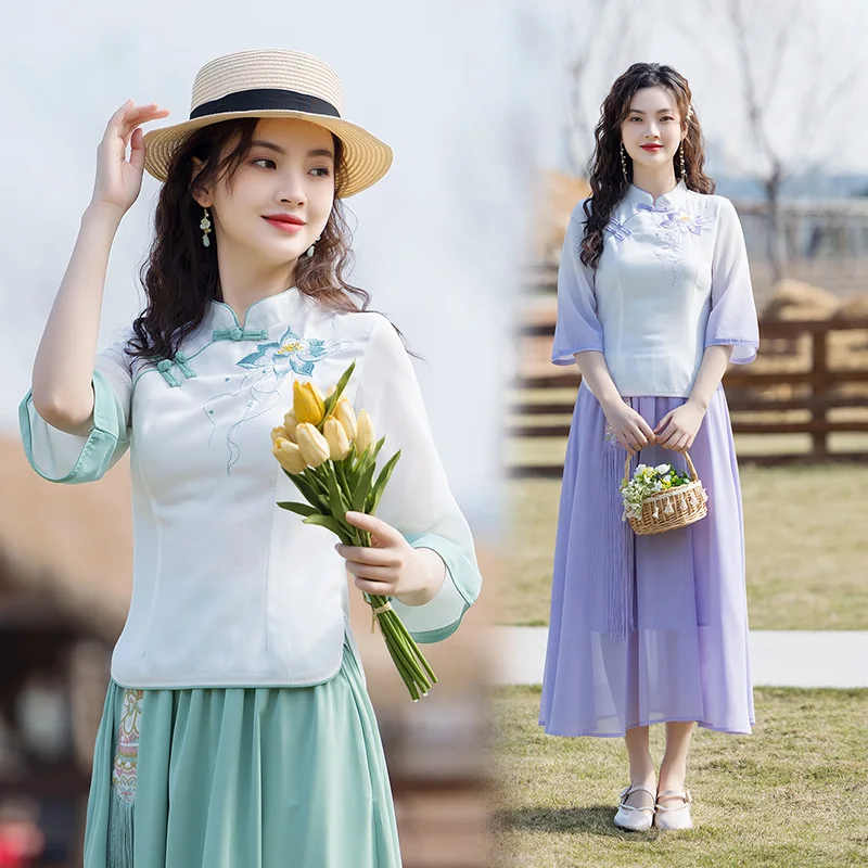 

Женская одежда в стиле ретро с китайскими элементами, с пуговицами, летняя, из конопляной ткани, традиционный костюм Тан, модный