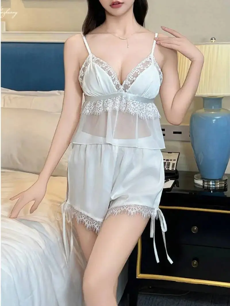 

Sexy Lace Mesh Transparent Solid Color Skirt Sets Backless Deep V Suspenders Sleeveless Skirt Sets Charming Elegant Casual EFM4