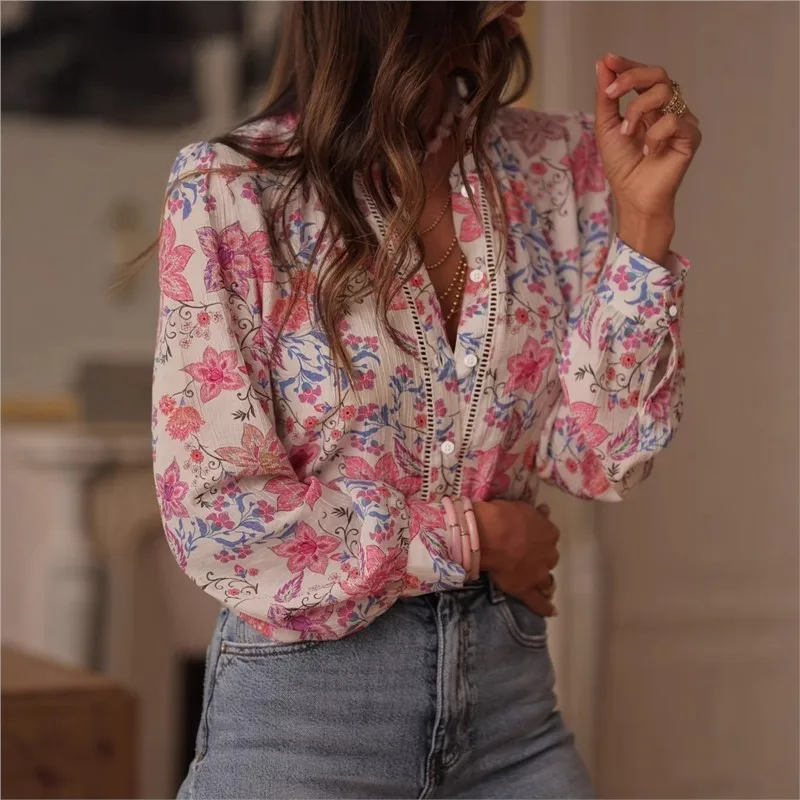 Women's Shirt Spring Summer Floral Print  Mixed Colors Single Breasted Casual Female Blouses Elegance Lace Collar Office Lady