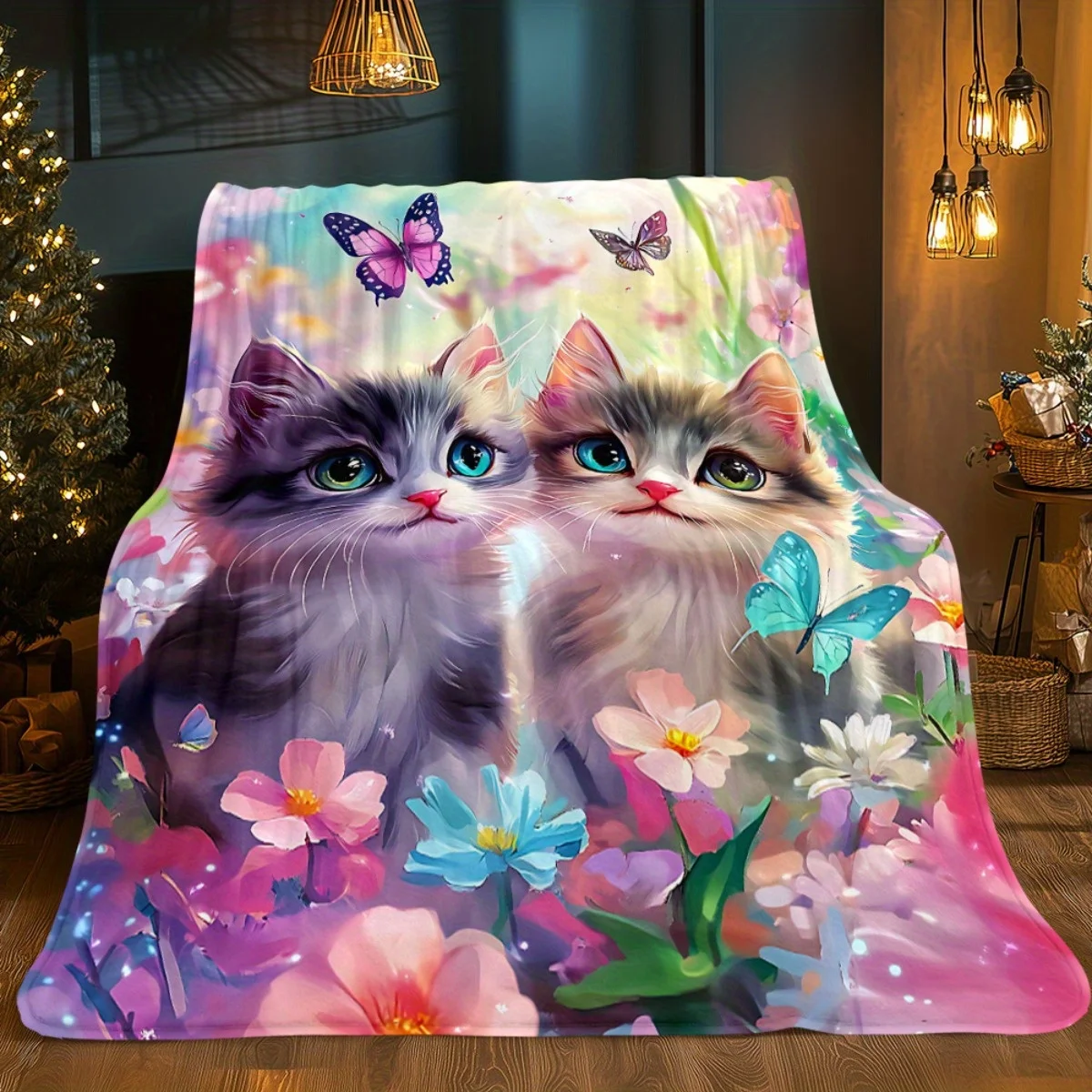 Whimsical Kitten & Floral Print Flannel Blanket - Lightweight, Soft & Warm , Travel, and Home Decor - Vibrant Digital Print