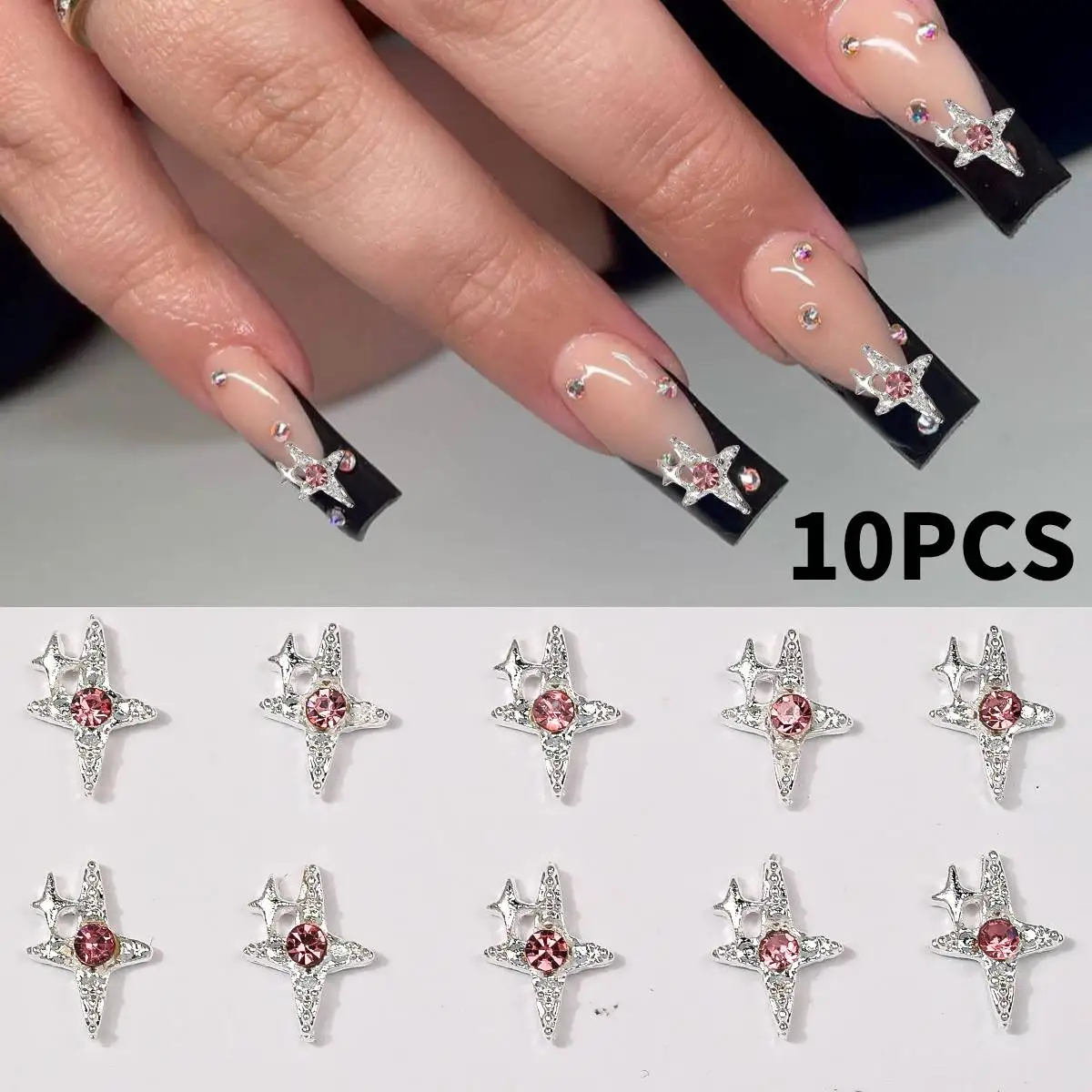 10pcs Gold/Silver 3D Star Nail Charms Hollow out Gems Crystal Decoration for Manicure DIY Shinny Starlight Y2K Supplies Parts
