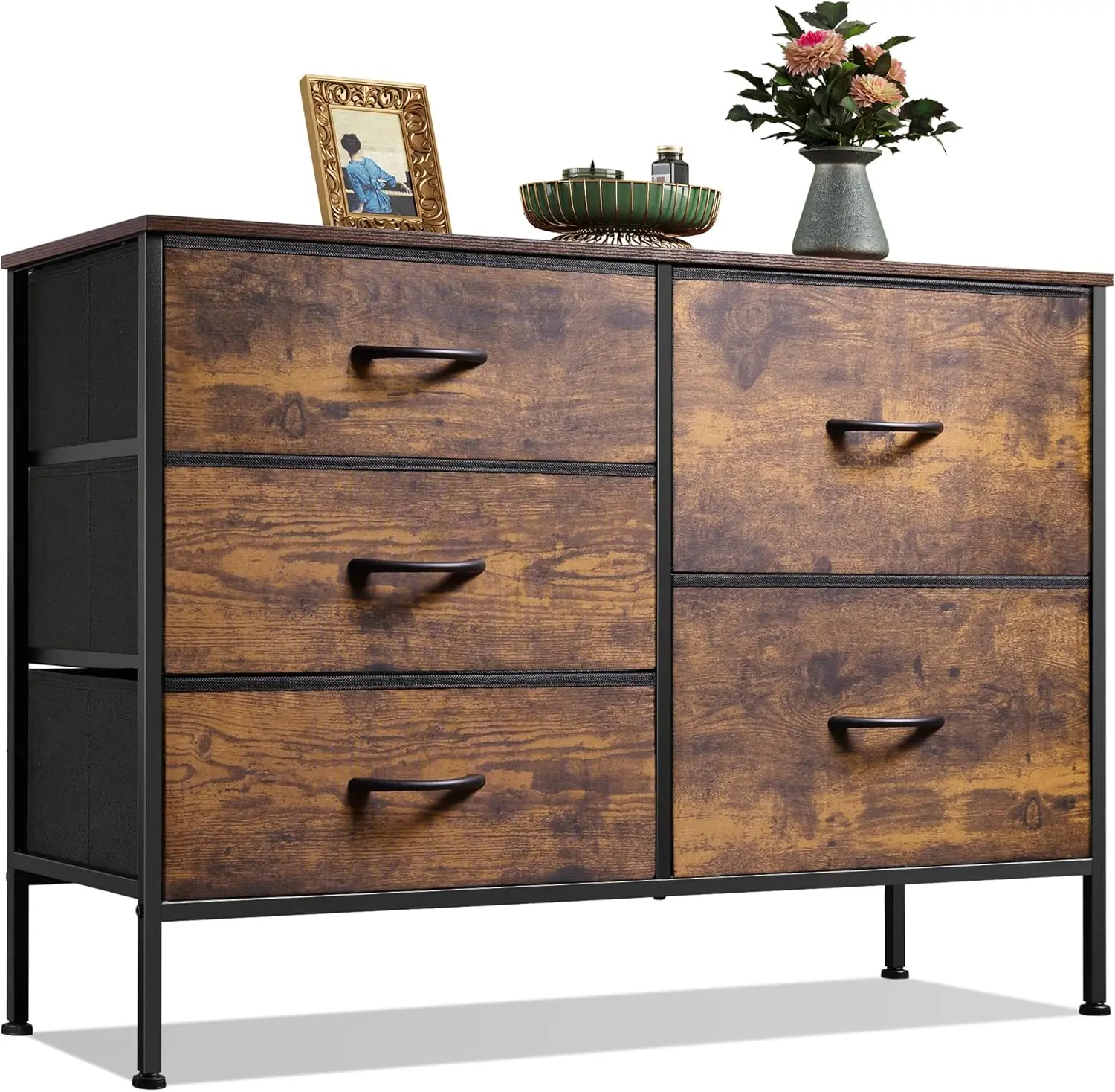 

Dresser for Bedroom with 5 Drawers Wide Chest of Drawers for Bedroom Fabric Dresser for Living Room Closet Hallway Rustic Brown