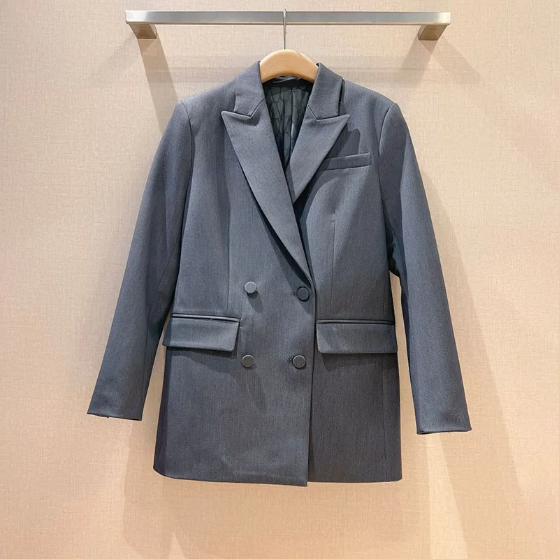 Blazer a quattro bottoni a doppia fila di colore solido autunno e inverno per le donne 2024 nuovi abiti lunghi a vita alta set di due pezzi per le