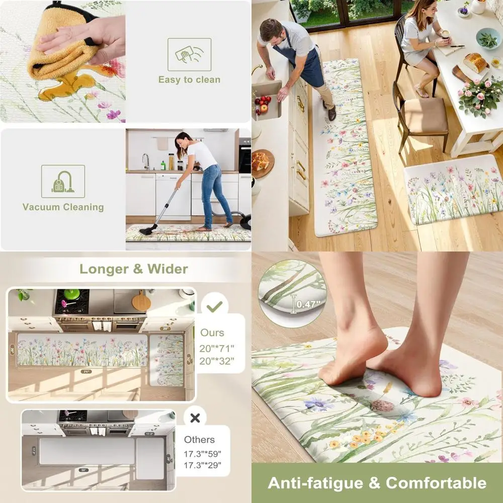 

2-Piece Cushioned Floral Kitchen Mats, Memory Foam Floor Rugs, Anti-Fatigue Mats for Standing Desks, Laundry, and Office Sinks,
