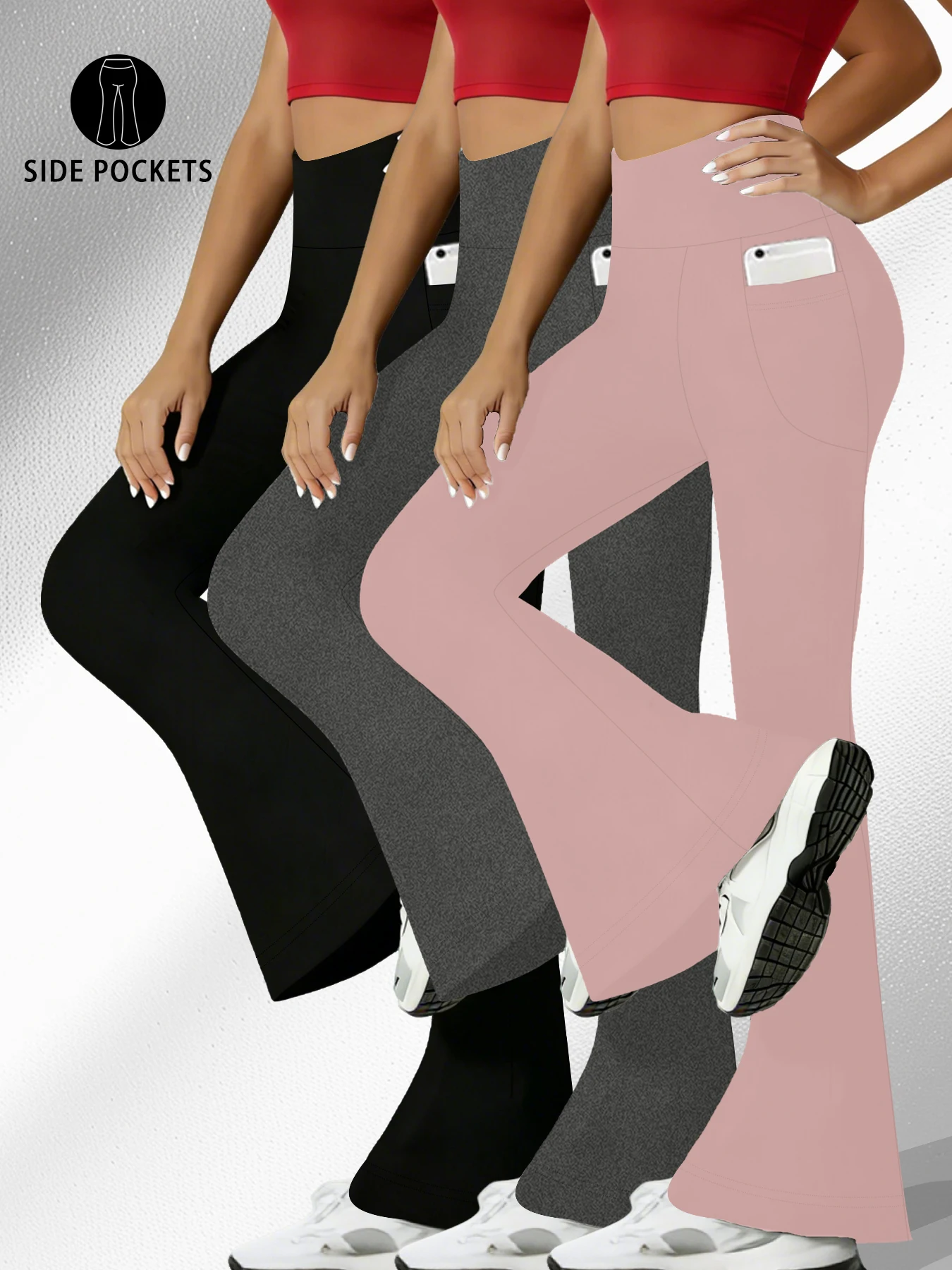 

Комплект из 3-х штук: женские расклешенные брюки с высокой талией, очень мягкие, с карманами, с эффектом утягивания живота, не просвечивают, для йоги, бега, дома и повседневной носки.