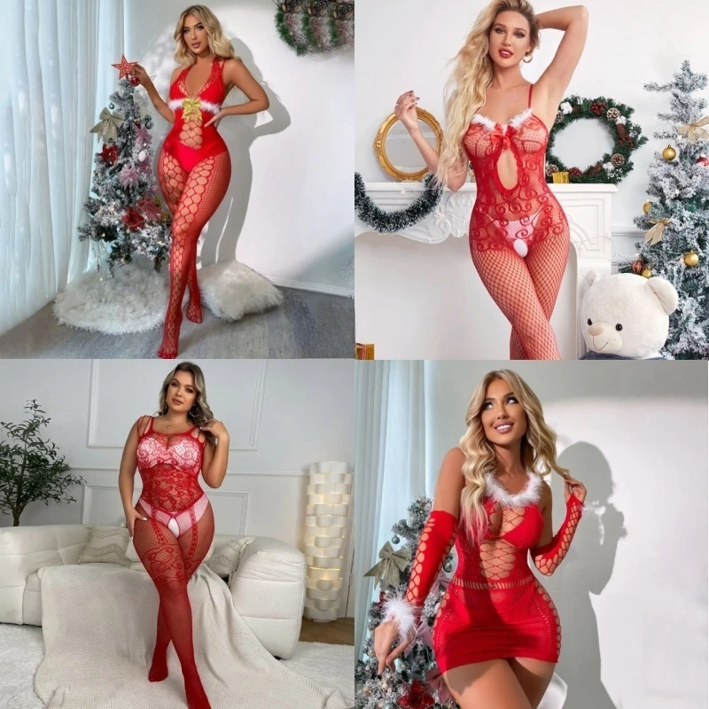 

Christmas Sexy Bodysuit Body stocking Open Crotchless Bodystocking Porno Erotic costume Body Suit plus size Lingerie for Women