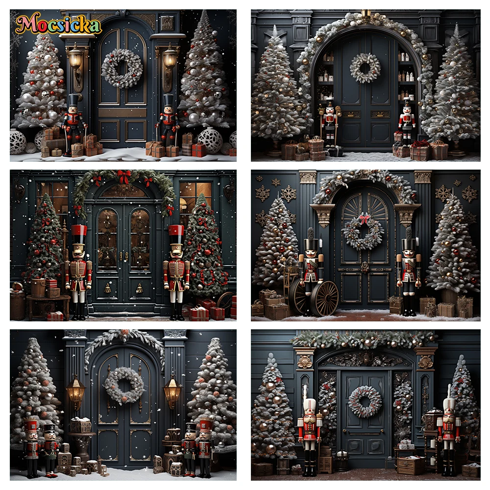 

Mocsicka Winter Christmas Photography Background Gorgeous Door Xmas Tree Gifts Holiday Party Home Photo Backdrops Studio Props