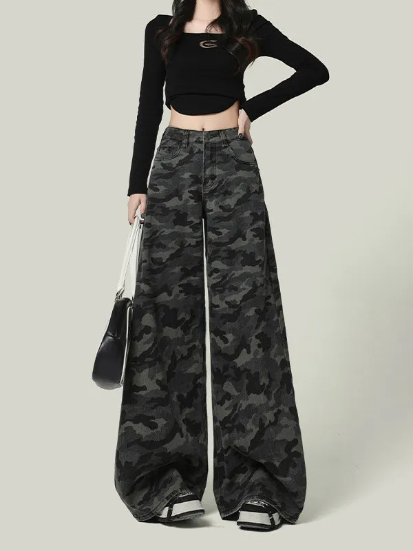 Spring 2026 Women's Camouflage Wide Leg Jeans Loose Fitting Straight Drapey Long Trousers Casual High Waist Denim Pants