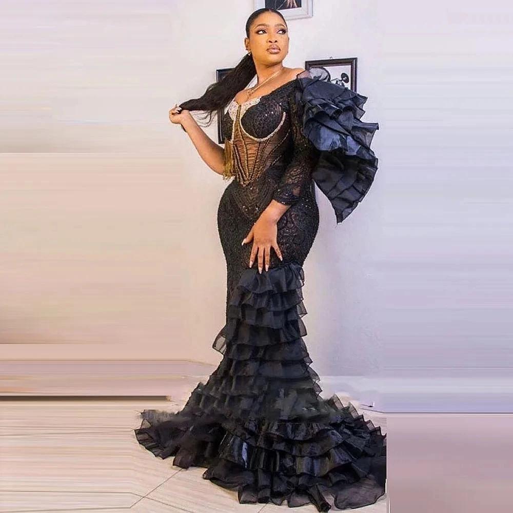 

Сексуальные платья для выпускного вечера с кристаллами и рюшами Вечерние платья Aso Ebi Аппликация с длинным рукавом Иллюзии Платье макси русалки на одно плечо Тюль 2025