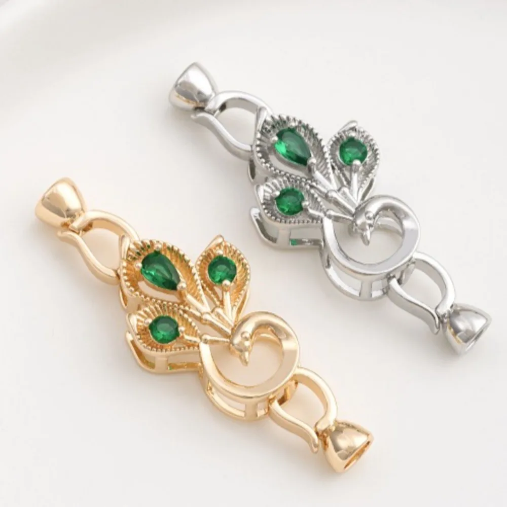 

Copper Clasps 14K Gold Color Inlaid Green Zircon Peacock Pearl Buckle Handmade DIY Pearl Necklace Sweater Chain Link Buckle