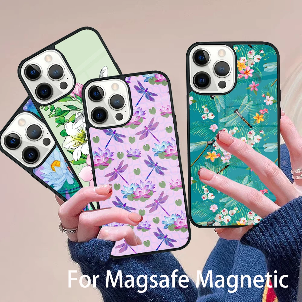 

Floral Colorful Dragonfly Phone Case Magesafe Magnetic Wireless Charge Cover For IPhone 16 11 12 13 14 15 Pro Max Plus Mini