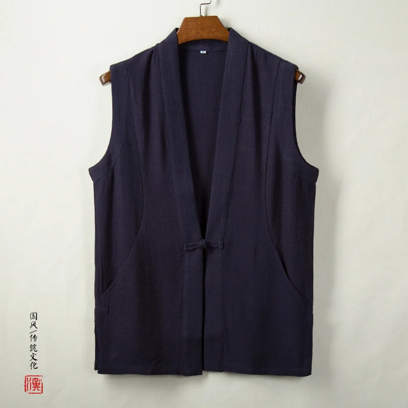 2022 Summer Traditional Chinese Dress Plus Size Sleeveless Cotton Linen Casual Vest Men Clothing Ethnic Style One Button Coat