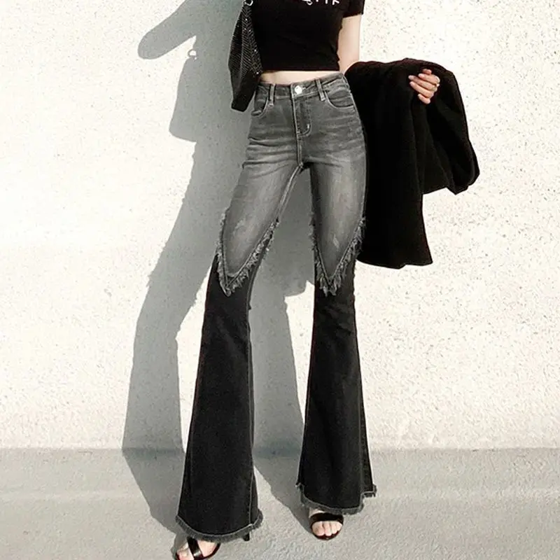 

European Style Fashion Women Stretchy Ripped Tassel Denim Flare Trousers , Woman Clothes Slim Jeans Pants