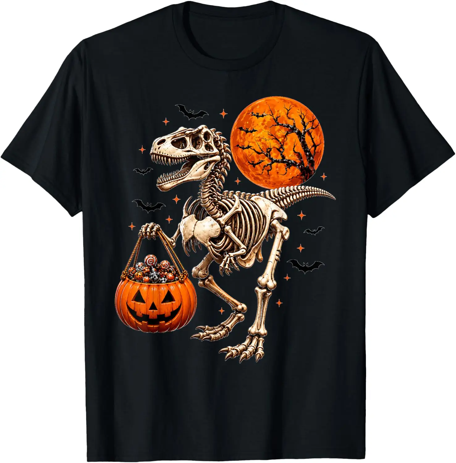 Skeleton Dinosaur Jack O Lantern Pumpkin Halloween Boy Kid T-Shirt Men Women Unisex Novelty Graphic T‑Shirt, Classic Crew Neck 100% Cotton Tee, Lightweight Anti‑Pilling Breathable Casual Tops, Year‑Round Daily Outfit, Holiday Birthday Present Tee