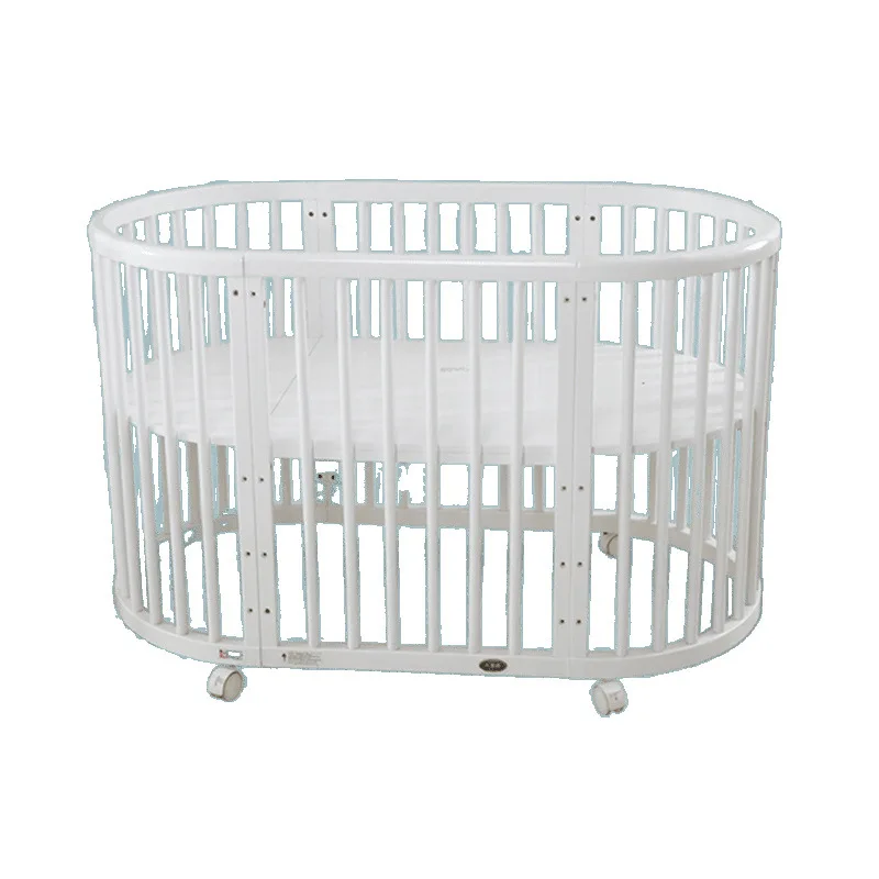 

Nordic solid wood crib neonatal multifunctional bb movable splicing bed white Internet celebrity round bed