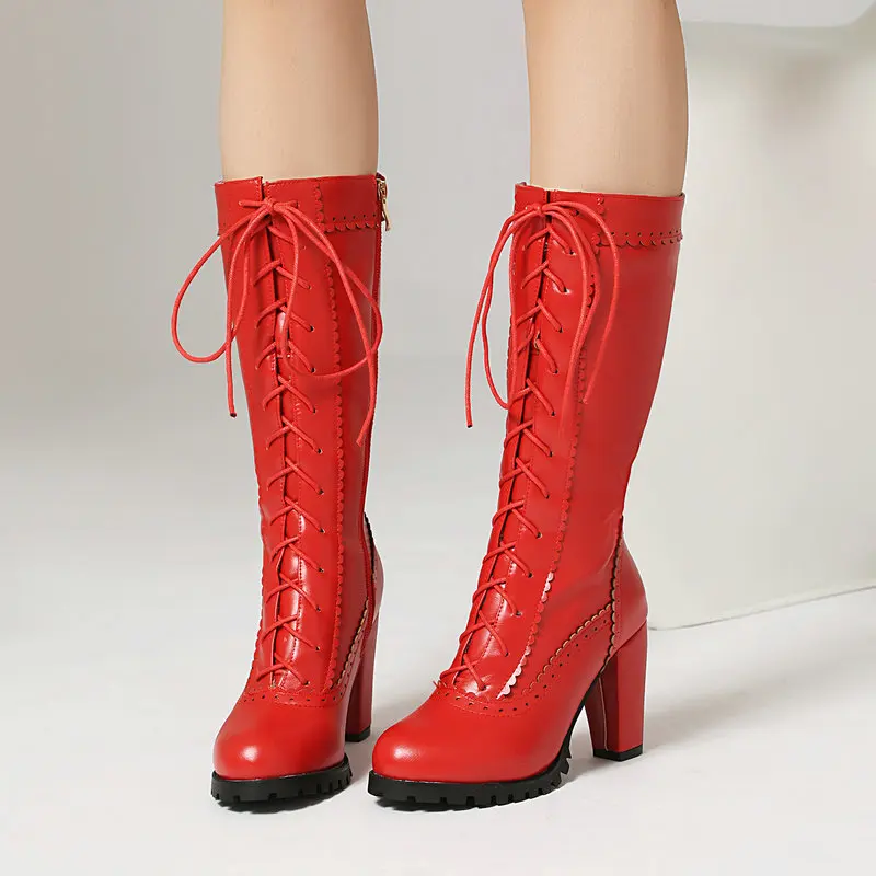 

Большие размеры 46, 47, 48, розовые, красные, милые, милые женские зимние туфли на шнуровке, ботинки до середины икры на массивном блочном каблуке с перекрестной завязкой