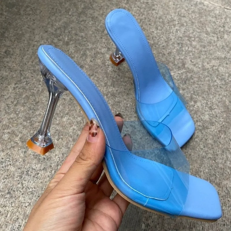 

2022 Style Transparent PVC Crystal Clear Heeled Women Slippers Fashion High Heels Female Mules Slides Summer Sandals Shoes