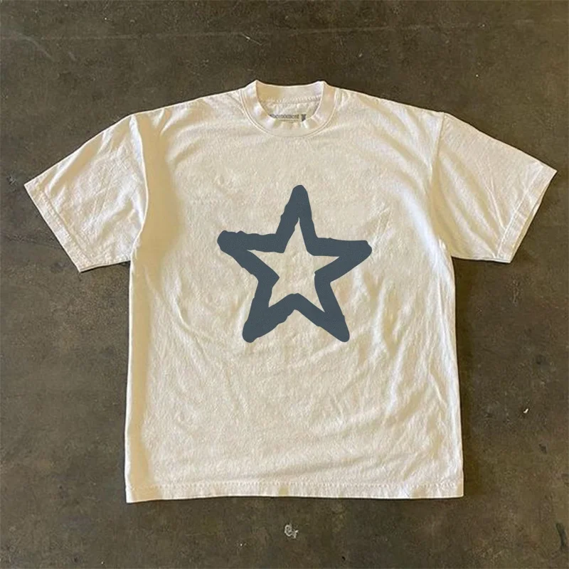 High Street Couple Matching Hollow Five Pointed Star Print Short Sleeve Men's T-Shirt Loose Fit Cotton Casual round Neck