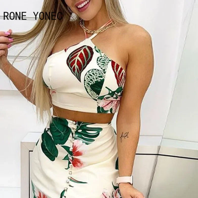 Women Casual Sleeveless Crop Tops Floral Print Halter Lace Up cris cross button high silt Skirt Maxi Vacation Skirt Sets