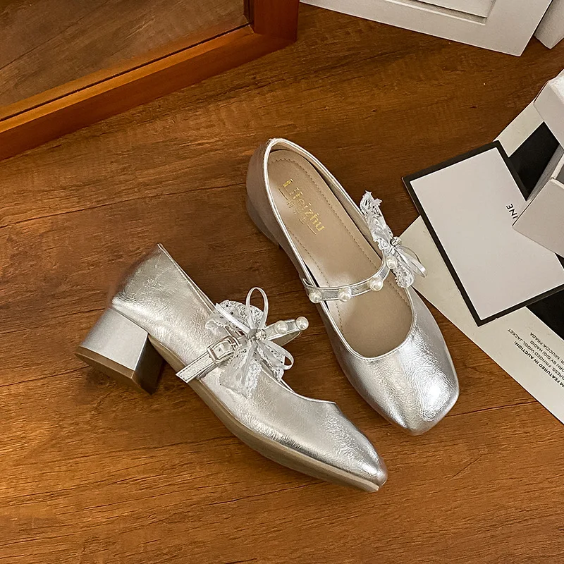

Plus Size 35-43 Women's Designer Mary Jane Shoes Wedding Pumps Silver Bowknot Square Toe Mid Heel Lori Girls Slip on Dress Shoes