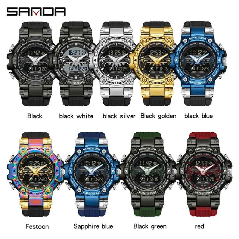 SANDA Top Brand Men Dual Display Quartz Watches Multifunctional LED Digital Electron Men Clock Luminous Waterproof 2024Shock New